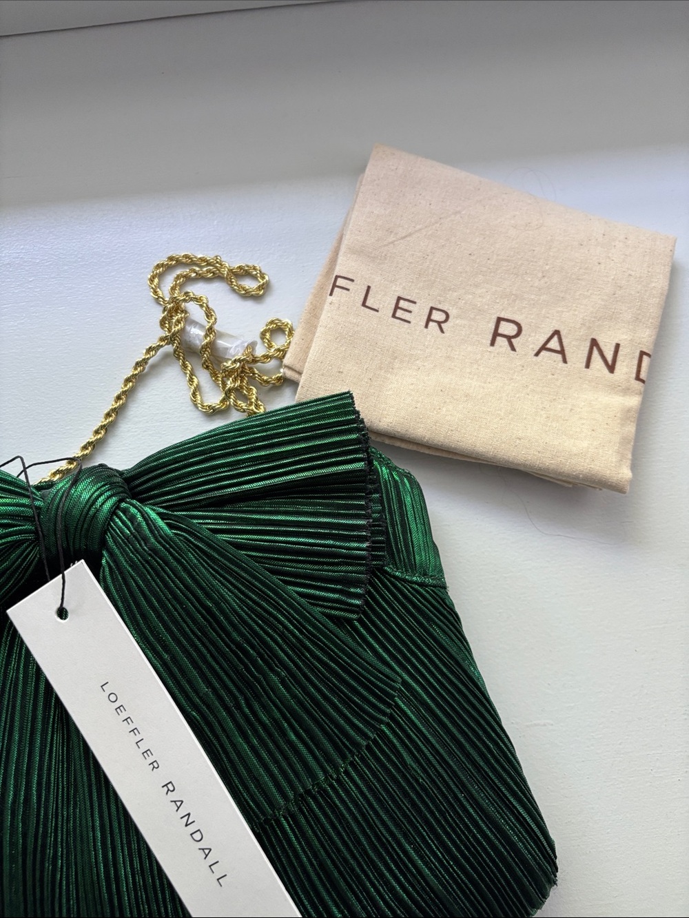 Loeffler Randall Emerald Green Pleated Bow Clutch with Gold Chain - Picture 5 of 8
